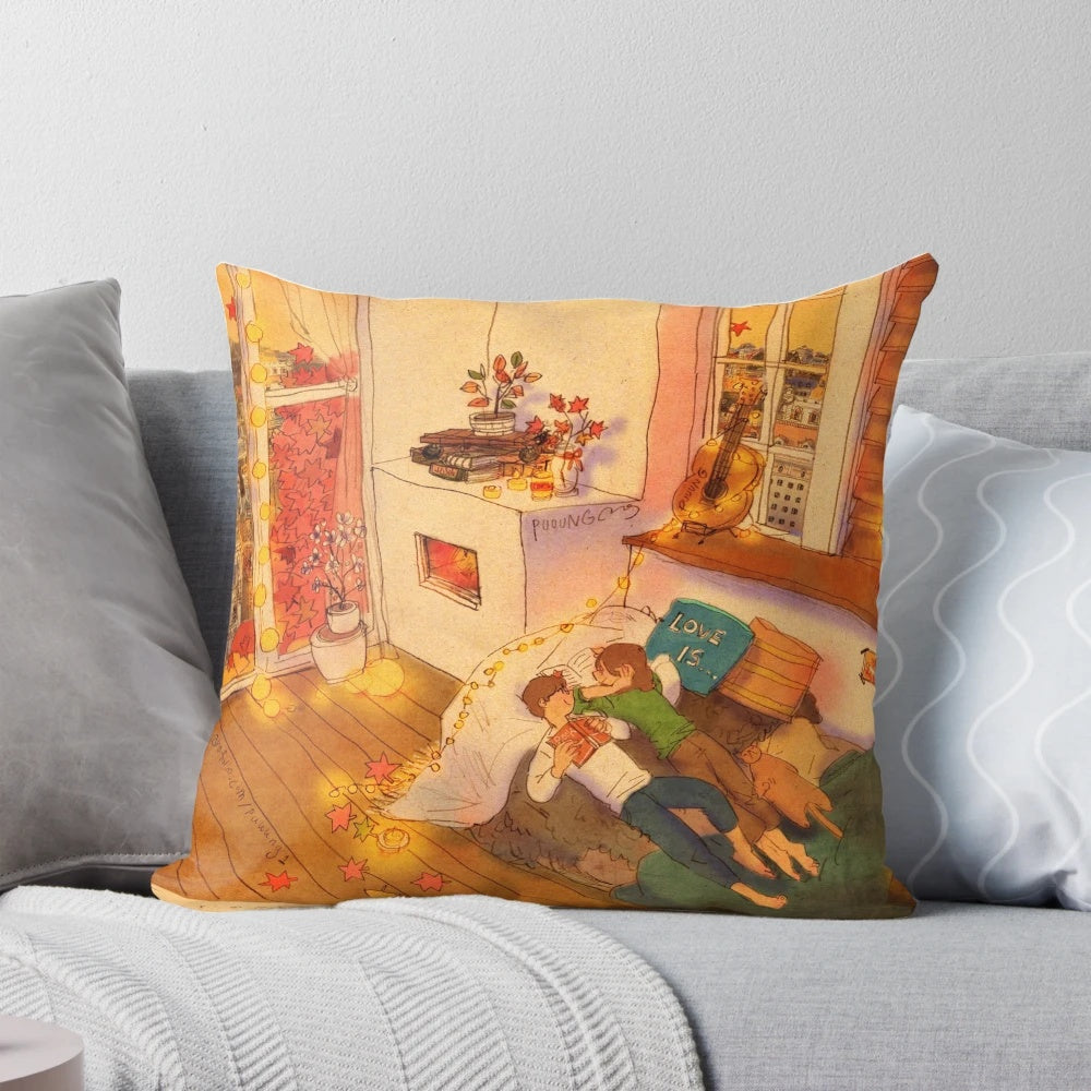 Puuung illustration pillow featuring a colorful, romantic landscape scene