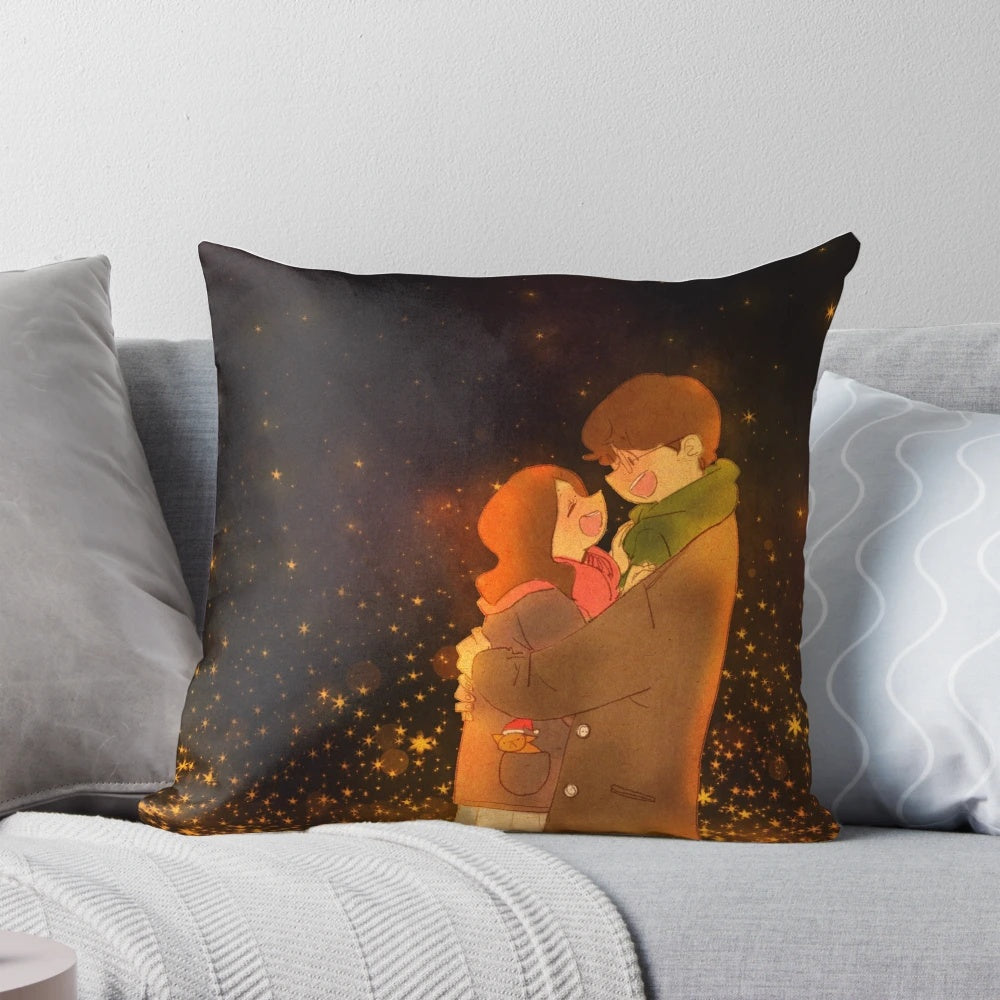 Puuung illustration of a happy couple on a cozy holiday-themed pillow
