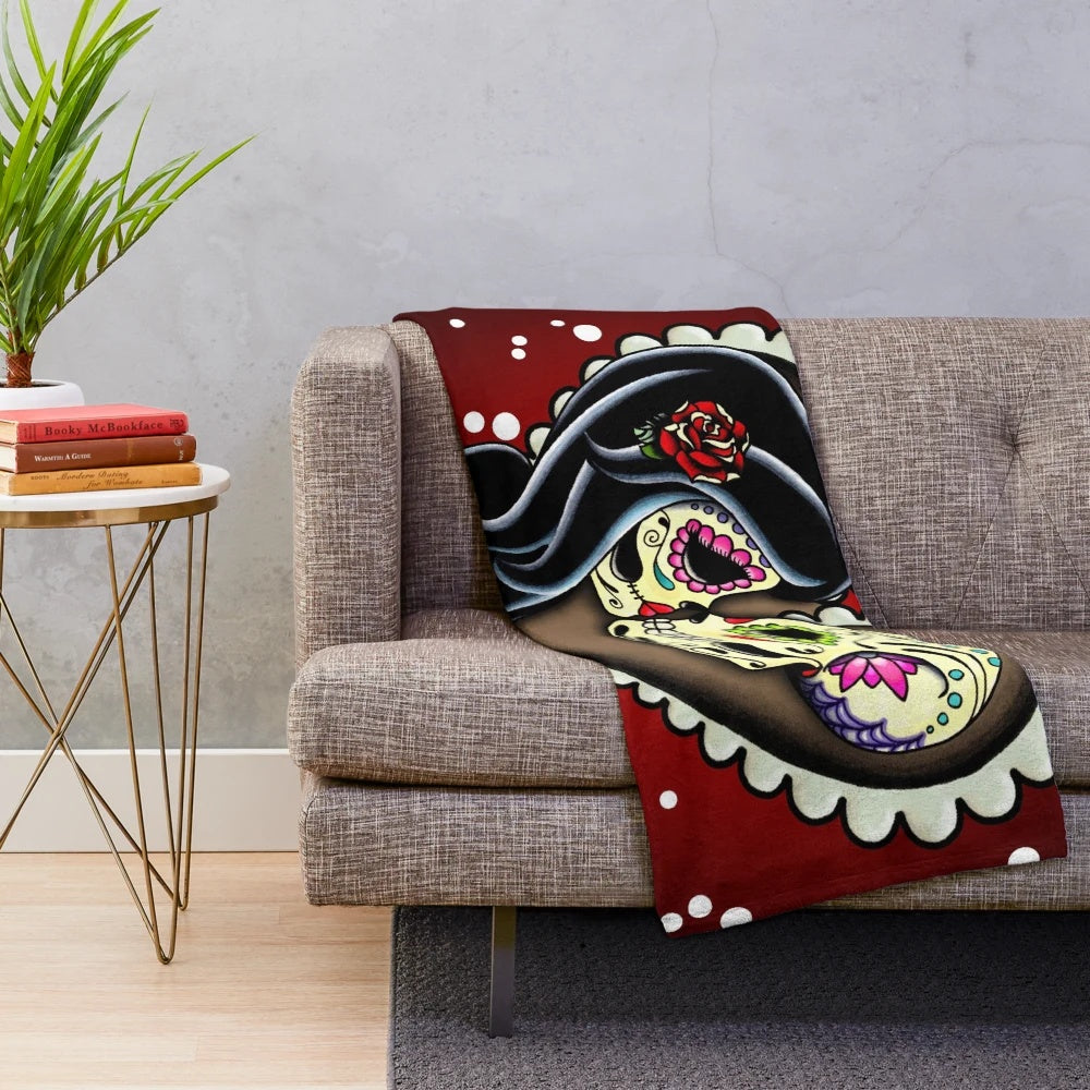 Sugar skull lovers plush blanket featuring a romantic Mexican folk art inspired couple