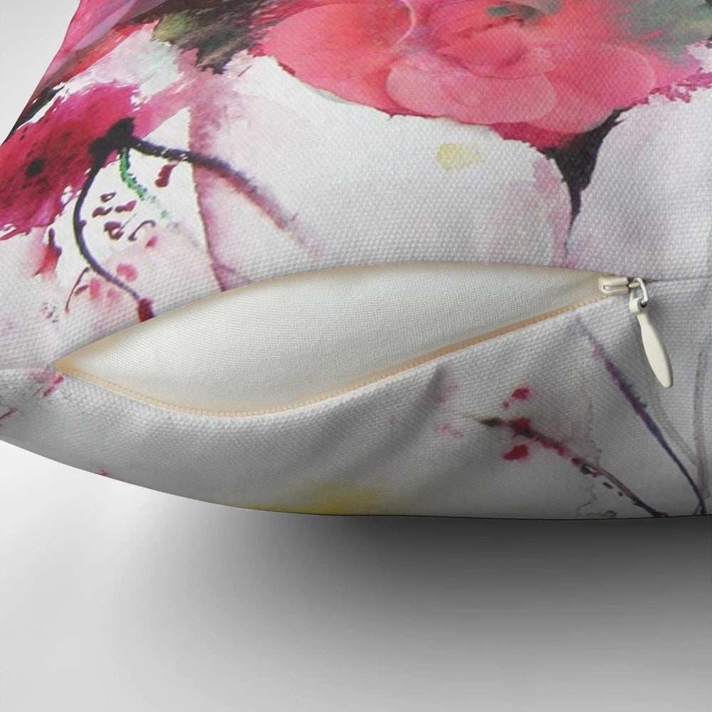 Artistic still life image of romantic pink roses in a watercolor painting style, featured on a decorative pillow.
