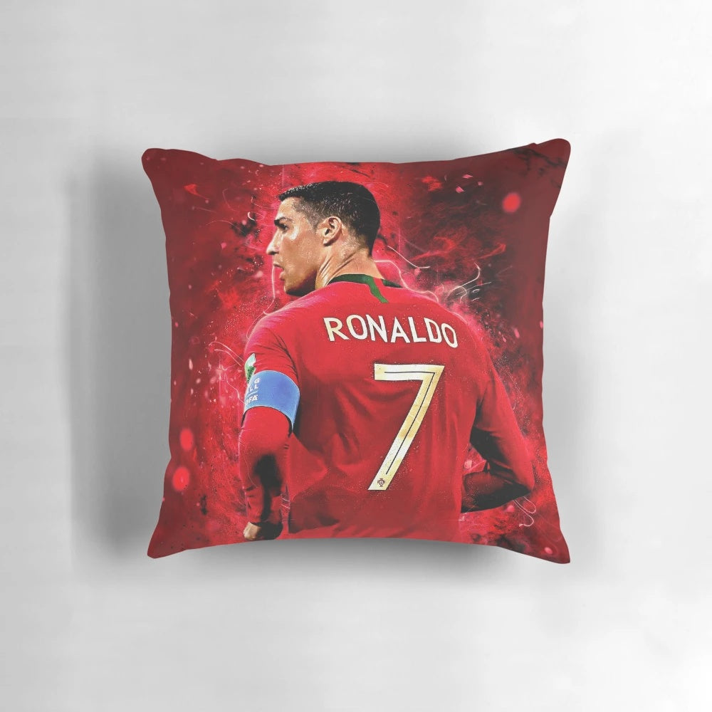 Ronaldo-themed custom pillow with player's portrait and soccer ball design
