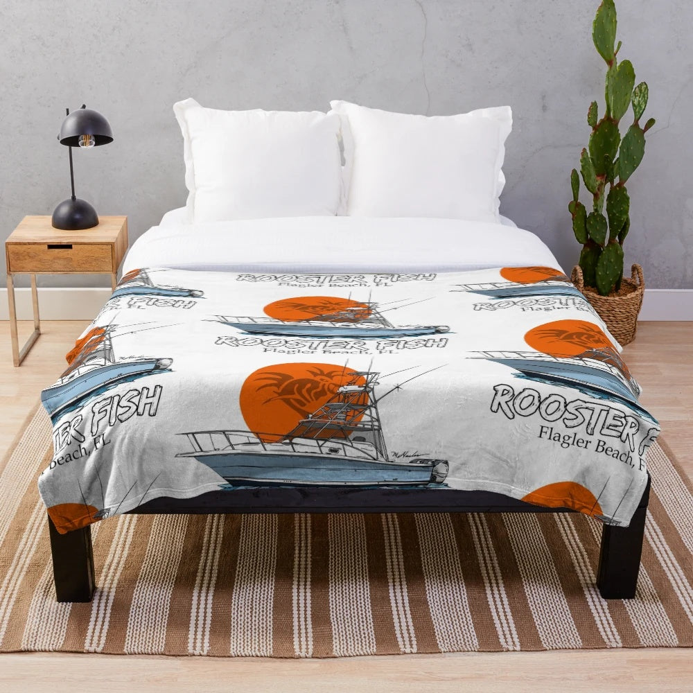 Rooster fish plush blanket featuring Flagler Beach, Florida scenery