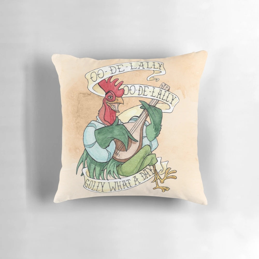 Watercolor painting of Alan-A-Dale the rooster from Disney's Robin Hood on a decorative pillow