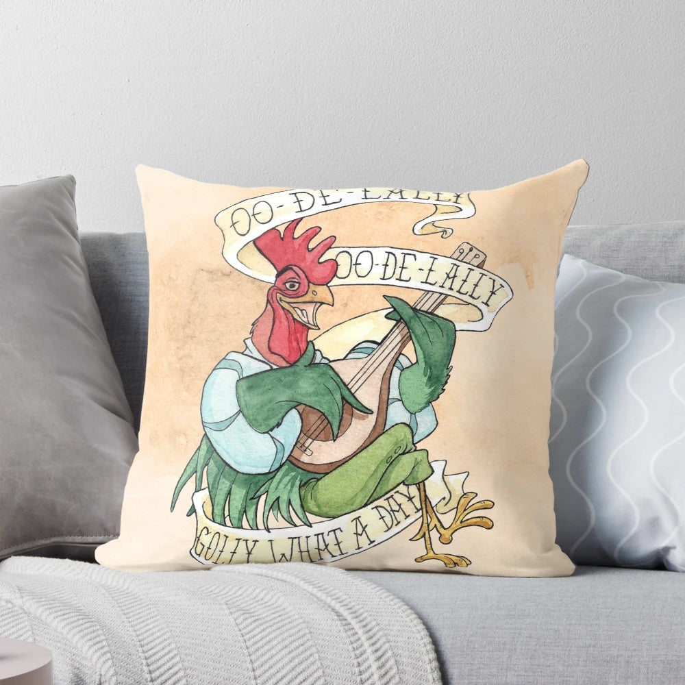 Watercolor painting of Alan-A-Dale the rooster from Disney's Robin Hood on a decorative pillow