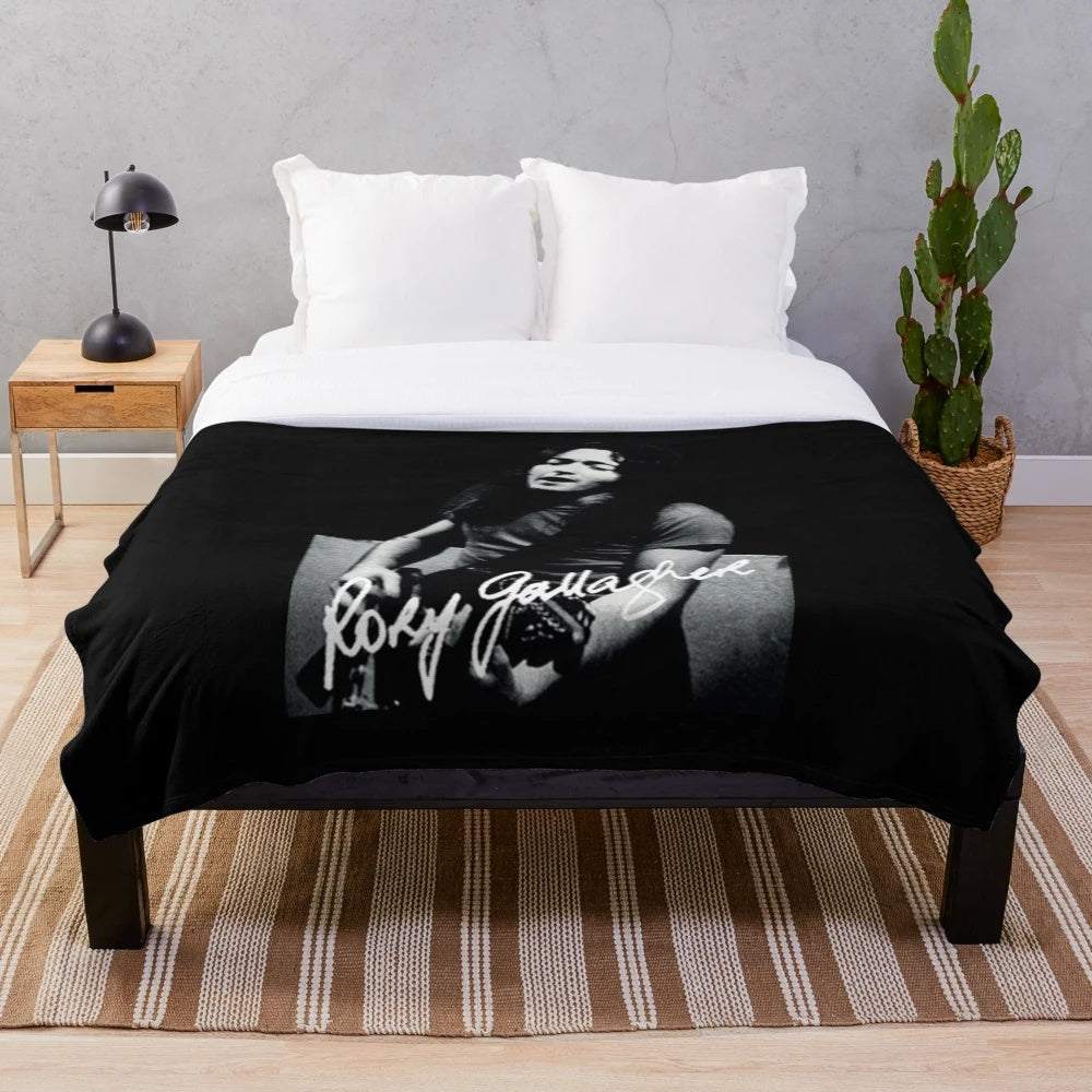 Rory Gallagher music inspired plush blanket with guitar and band logo artwork