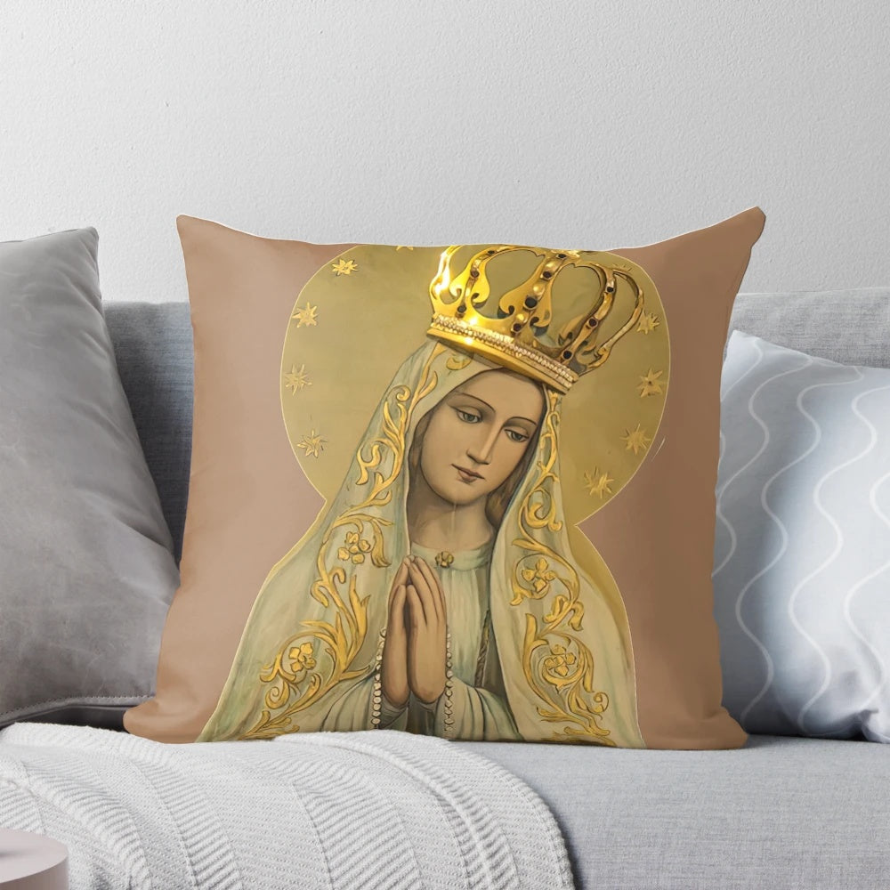 Rosary Pillow featuring a traditional depiction of the Virgin Mary and the Holy Rosary