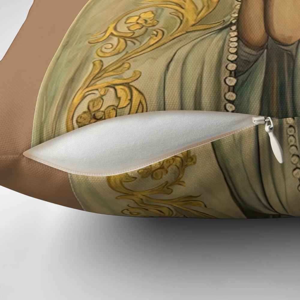 Rosary Pillow featuring a traditional depiction of the Virgin Mary and the Holy Rosary
