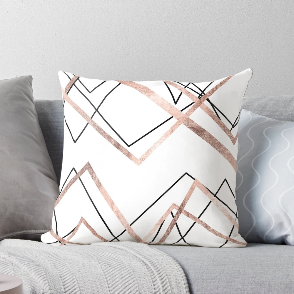 Rose gold and white triangle abstract geometric pattern throw pillow