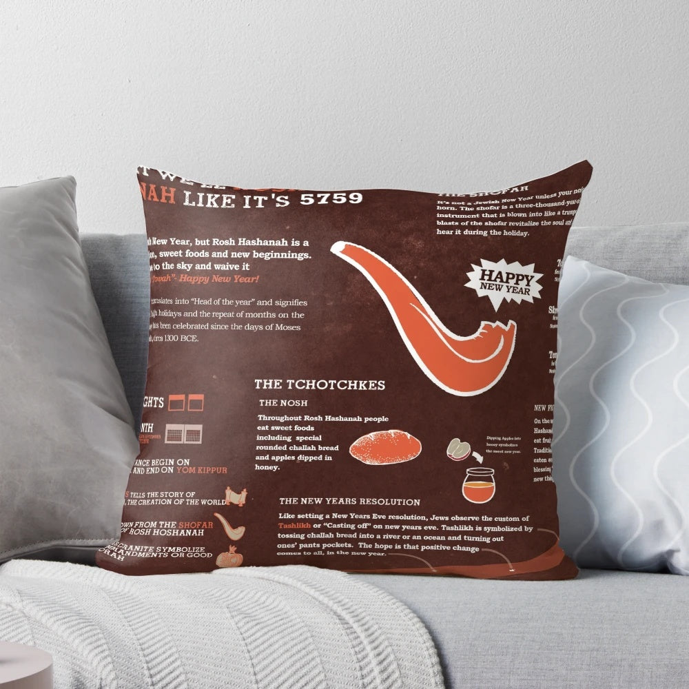 Rosh Hashana infographic pillow, featuring detailed information about the Jewish holiday