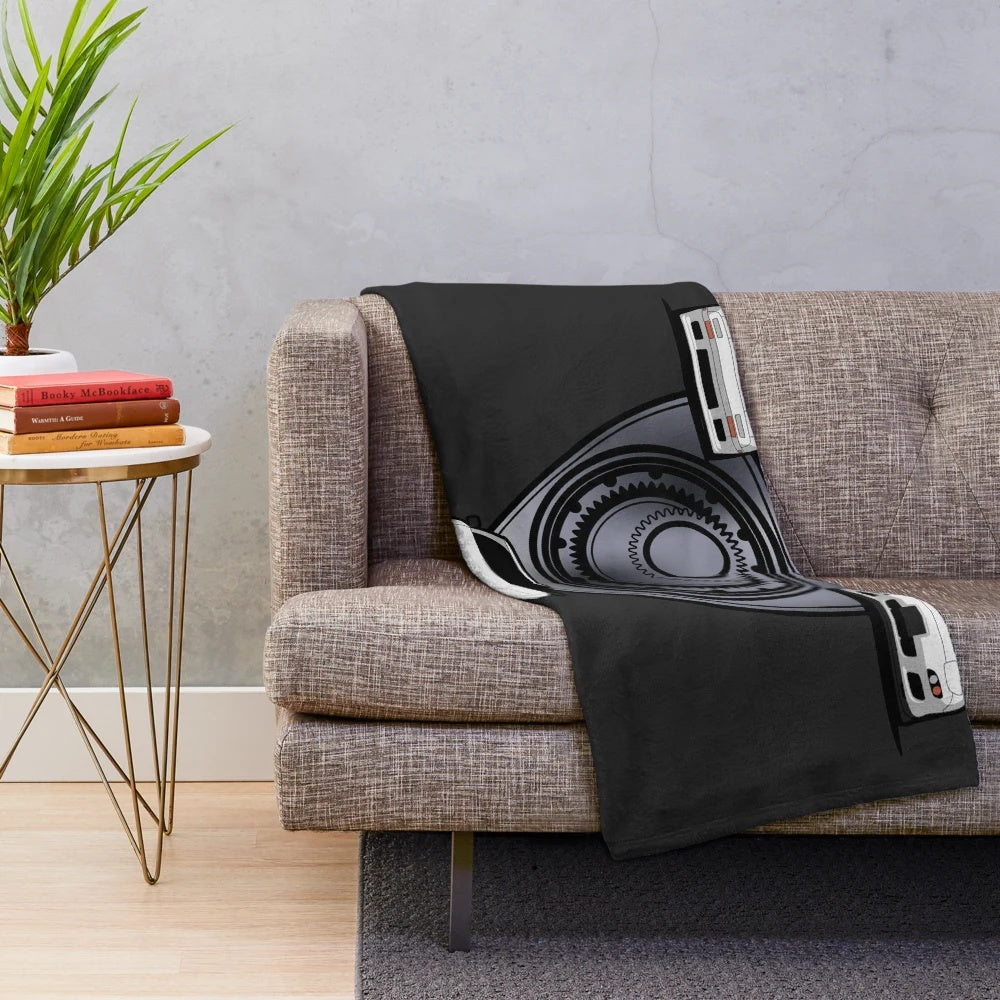 Plush blanket featuring a rotary engine design for Mazda RX7 fans