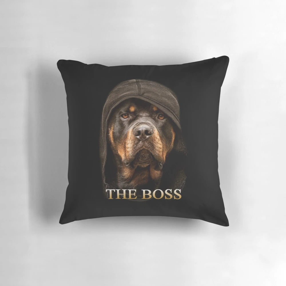 A decorative pillow featuring a Rottweiler illustration, designed by Zilly & Co.