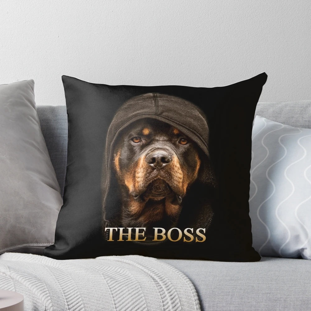 A decorative pillow featuring a Rottweiler illustration, designed by Zilly & Co.