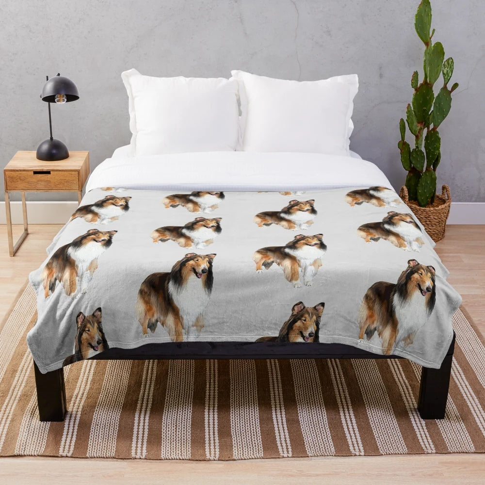 Rough collie inspired plush blanket with a soft, fluffy design