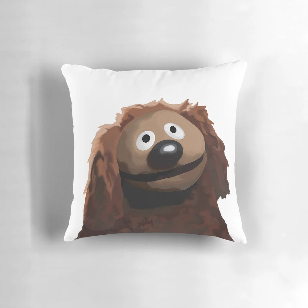 A colorful painting portrait of the Muppet character Rowlf the Dog on a decorative pillow.