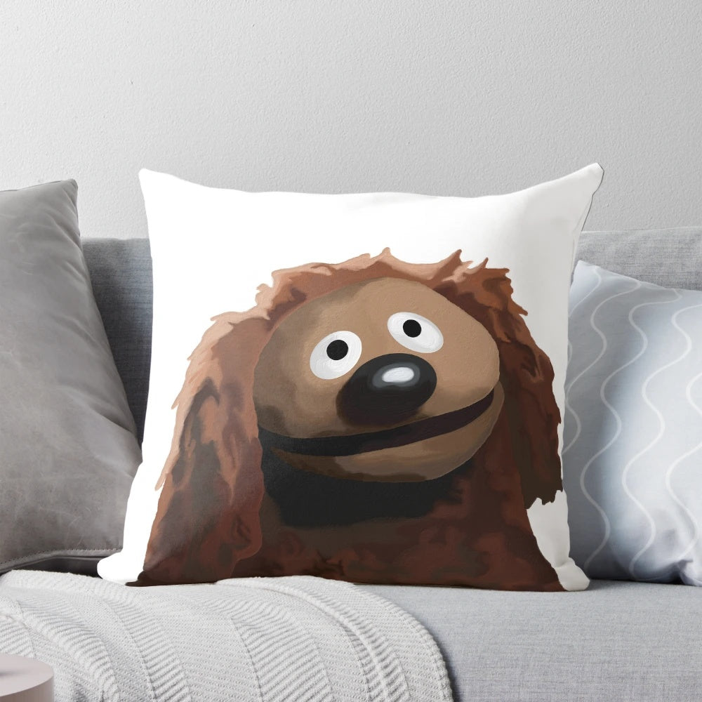 A colorful painting portrait of the Muppet character Rowlf the Dog on a decorative pillow.