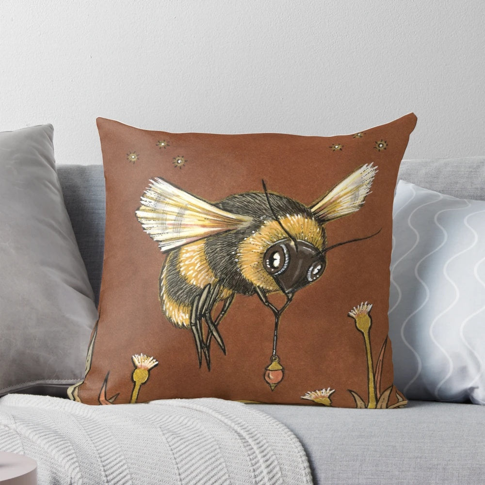 Royal Bee Pillow with Intricate Floral Designs and Flying Bees