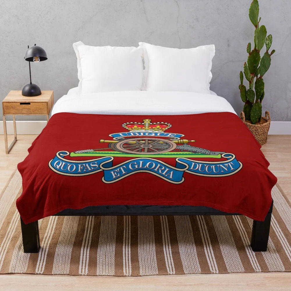 Royal Regiment of Artillery inspired plush blanket with artillery emblem and motto