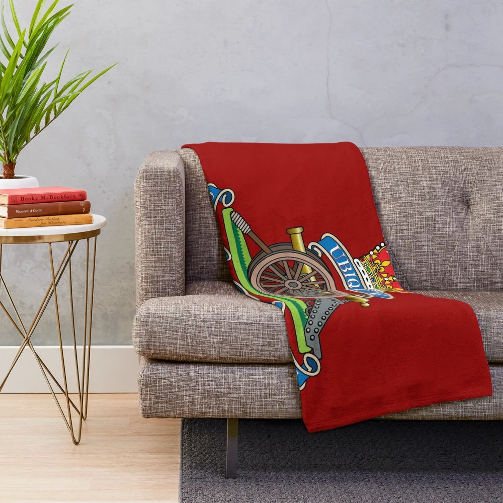 Royal Regiment of Artillery inspired plush blanket with artillery emblem and motto