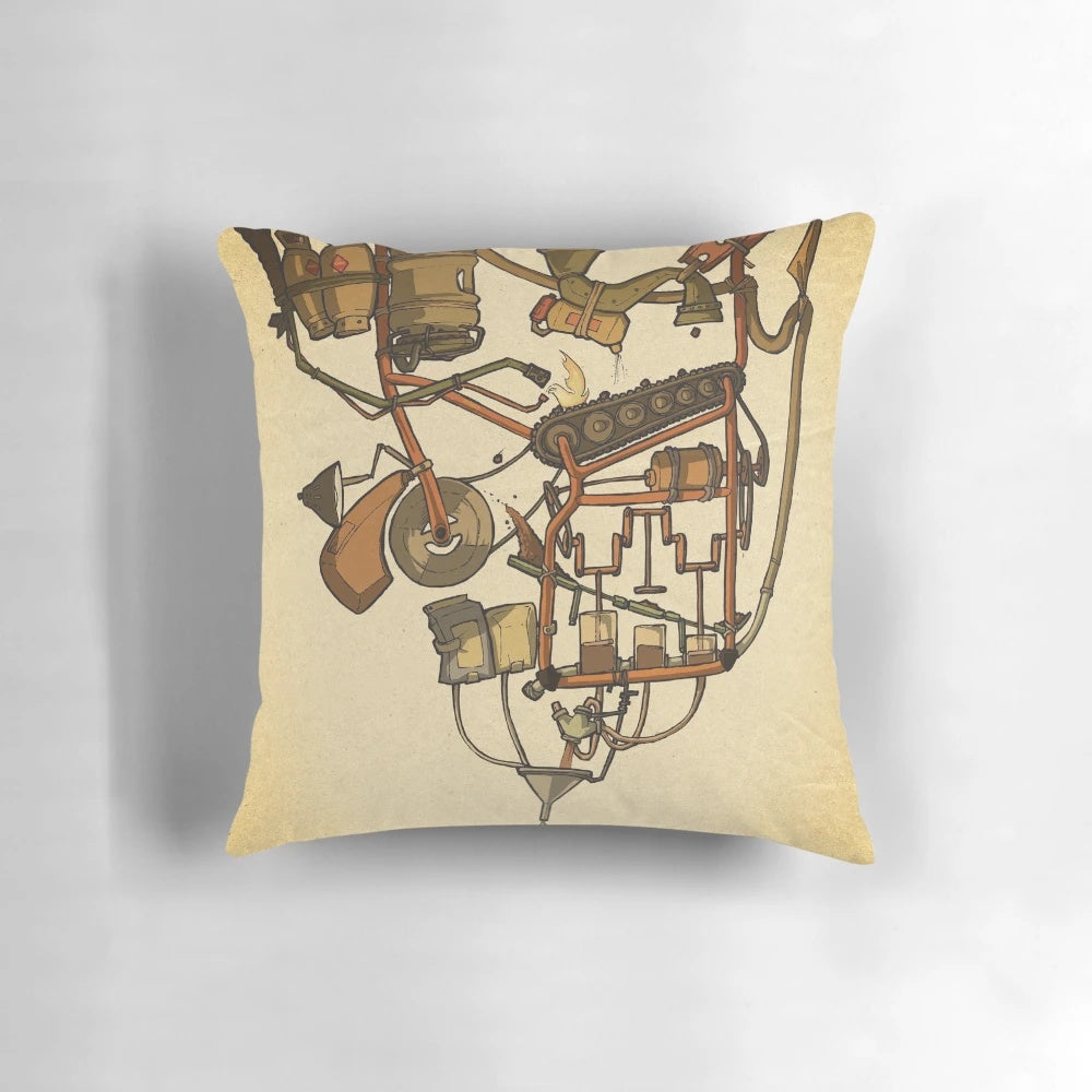 Rube Goldberg-inspired coffee machine pillow, a unique and whimsical home decor item for coffee enthusiasts.