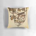 Rube Goldberg-inspired coffee machine pillow, a unique and whimsical home decor item for coffee enthusiasts.