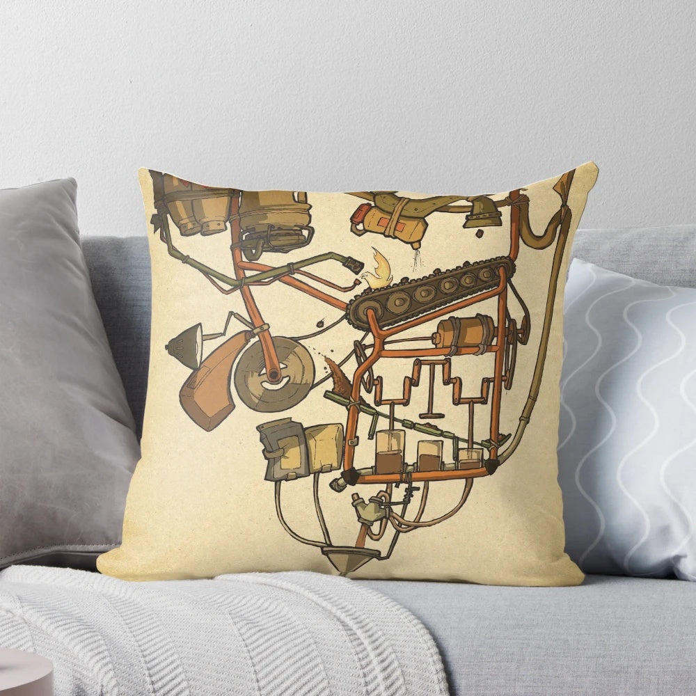 Rube Goldberg-inspired coffee machine pillow, a unique and whimsical home decor item for coffee enthusiasts.