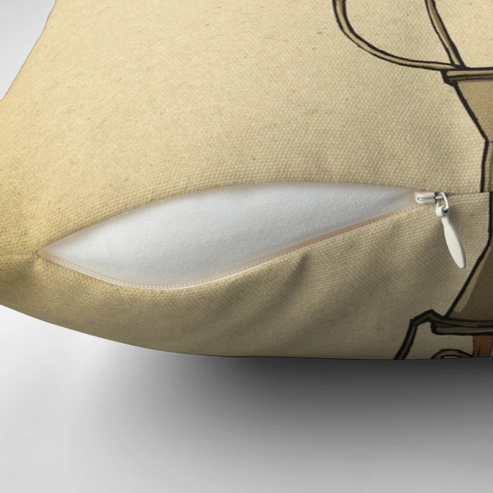 Rube Goldberg-inspired coffee machine pillow, a unique and whimsical home decor item for coffee enthusiasts.