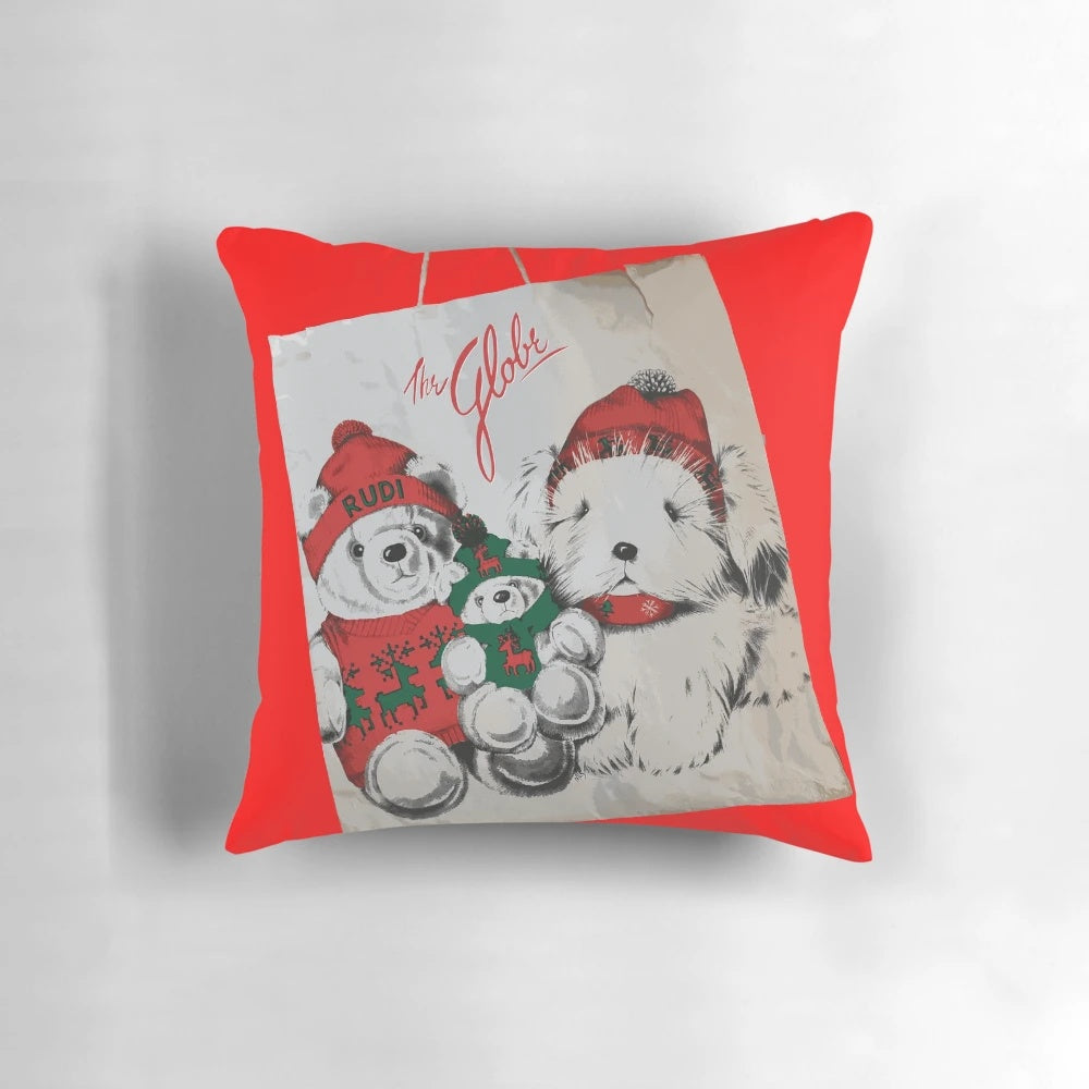 A cozy holiday shopping bag pillow featuring the adorable Rudi bear and his friends
