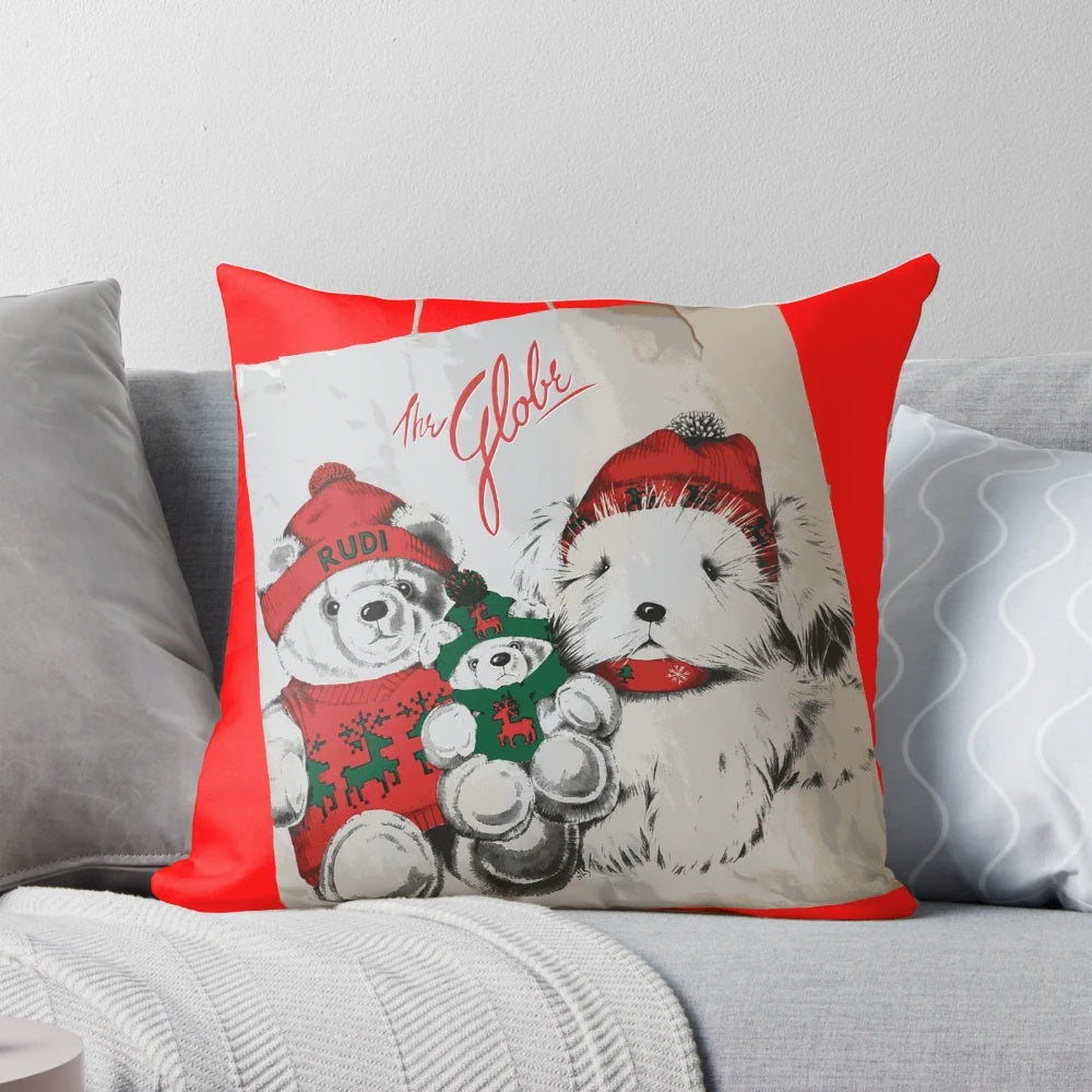 A cozy holiday shopping bag pillow featuring the adorable Rudi bear and his friends
