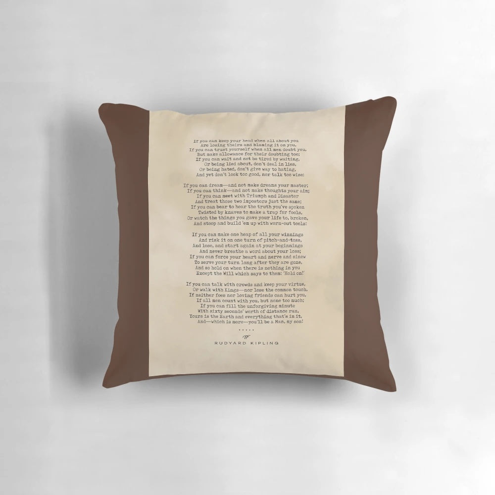 Minimalist literary pillow featuring a Rudyard Kipling quote printed on an old paper-like background.