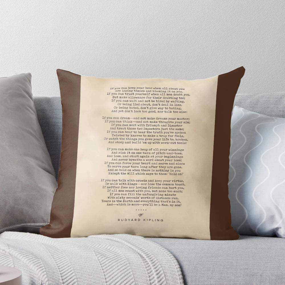 Minimalist literary pillow featuring a Rudyard Kipling quote printed on an old paper-like background.