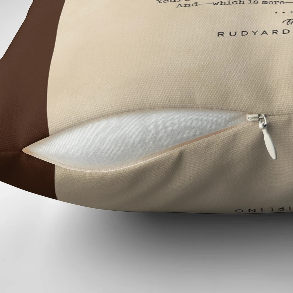 Minimalist literary pillow featuring a Rudyard Kipling quote printed on an old paper-like background.