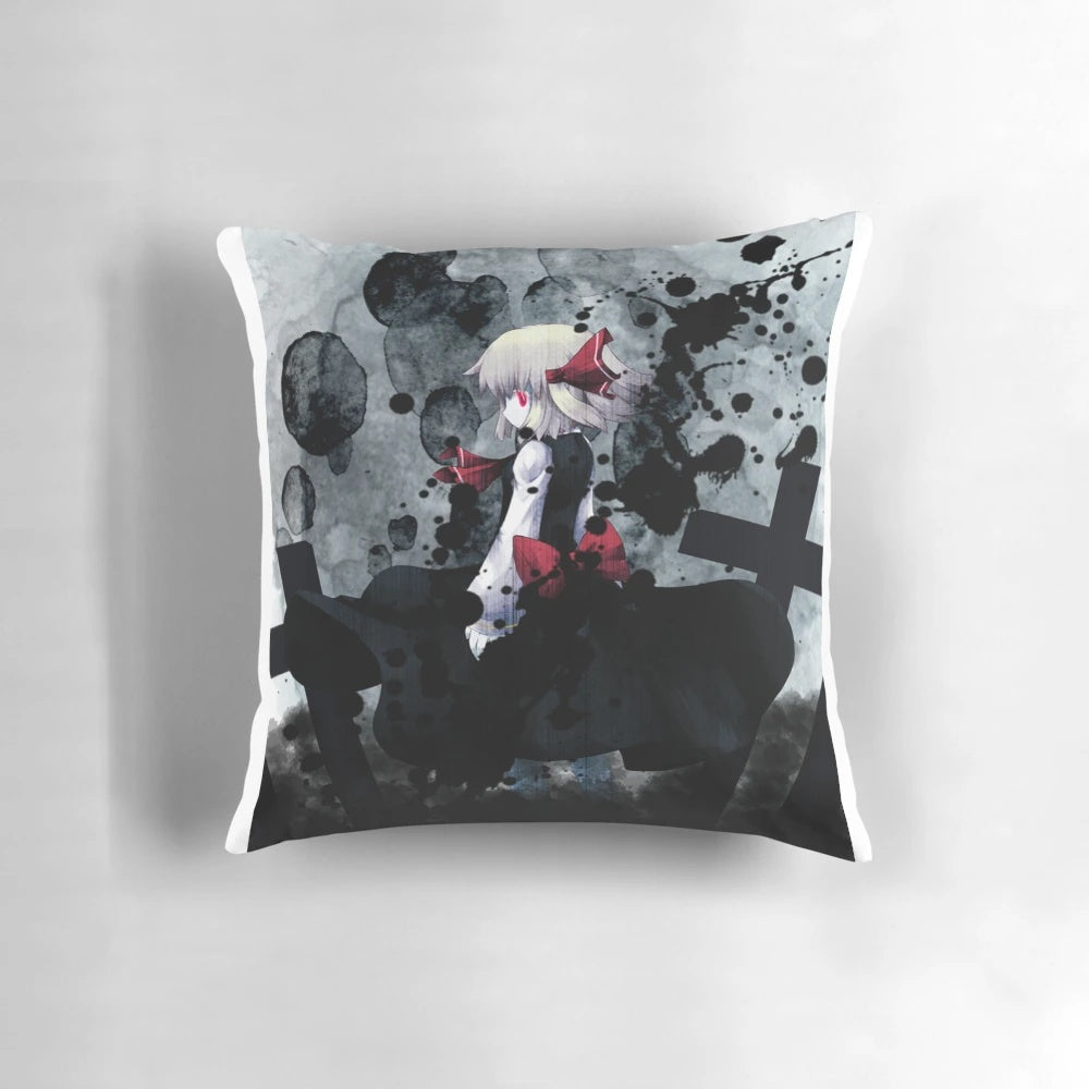 A soft, plush pillow featuring the character Rumia from the Touhou anime series, surrounded by a dark, gothic atmosphere.