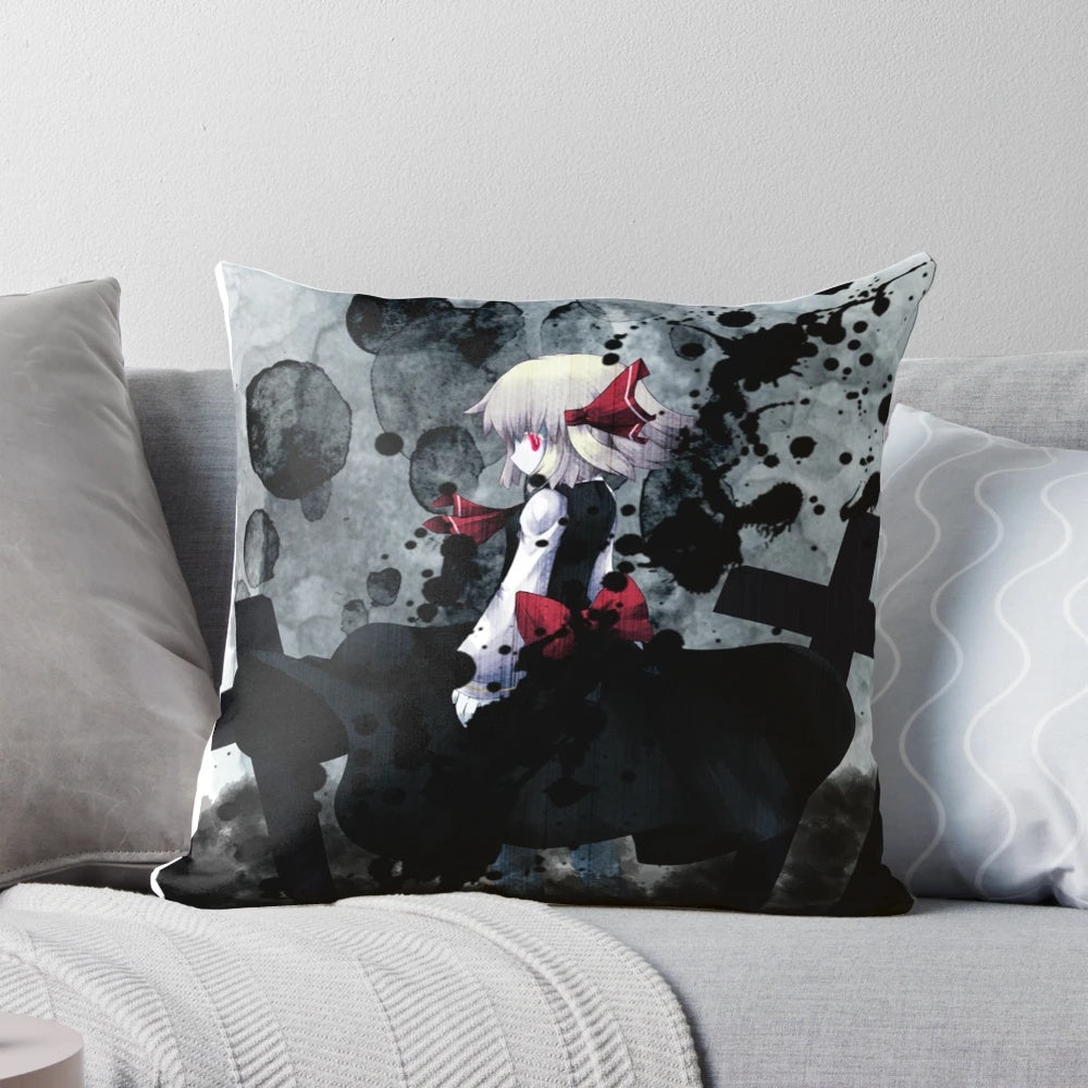 A soft, plush pillow featuring the character Rumia from the Touhou anime series, surrounded by a dark, gothic atmosphere.