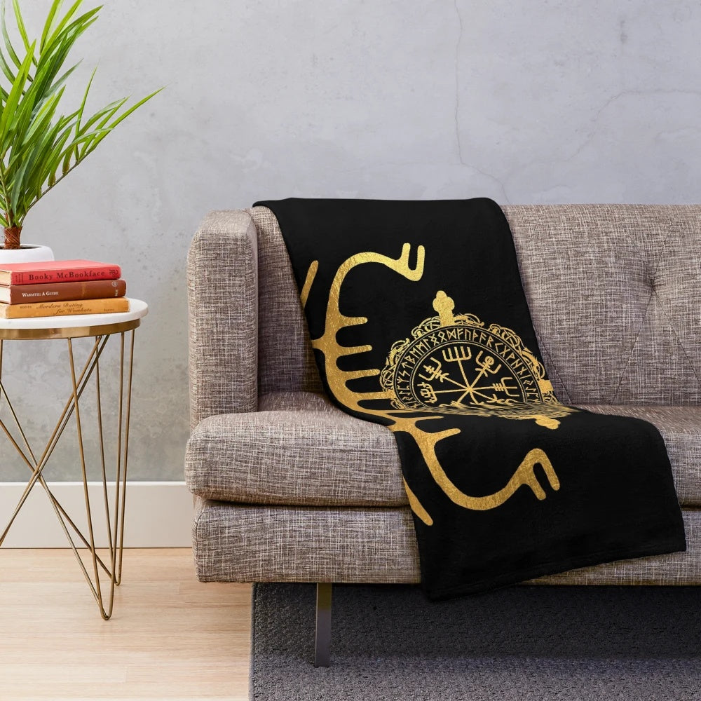 Plush Blanket Featuring Runic Compass and Viking Ship Design