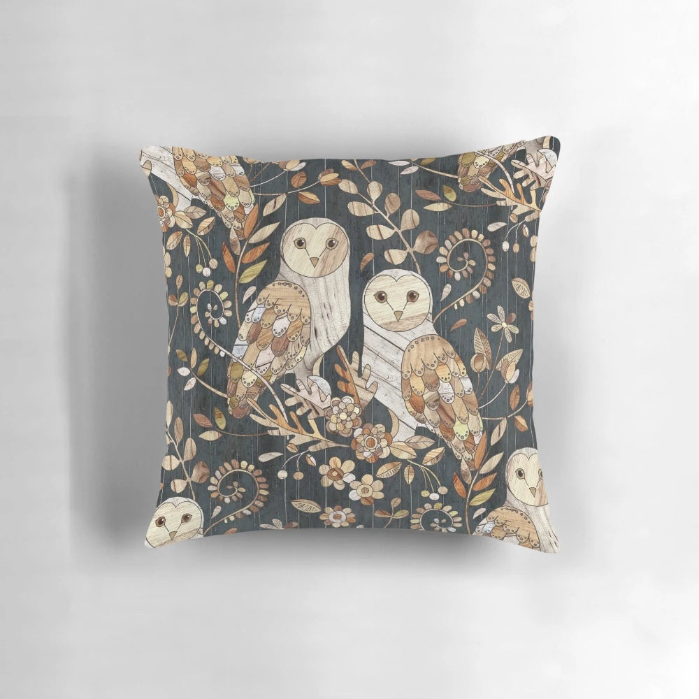 Rustic wooden pillow with a collage of barn owls in a nature-inspired design