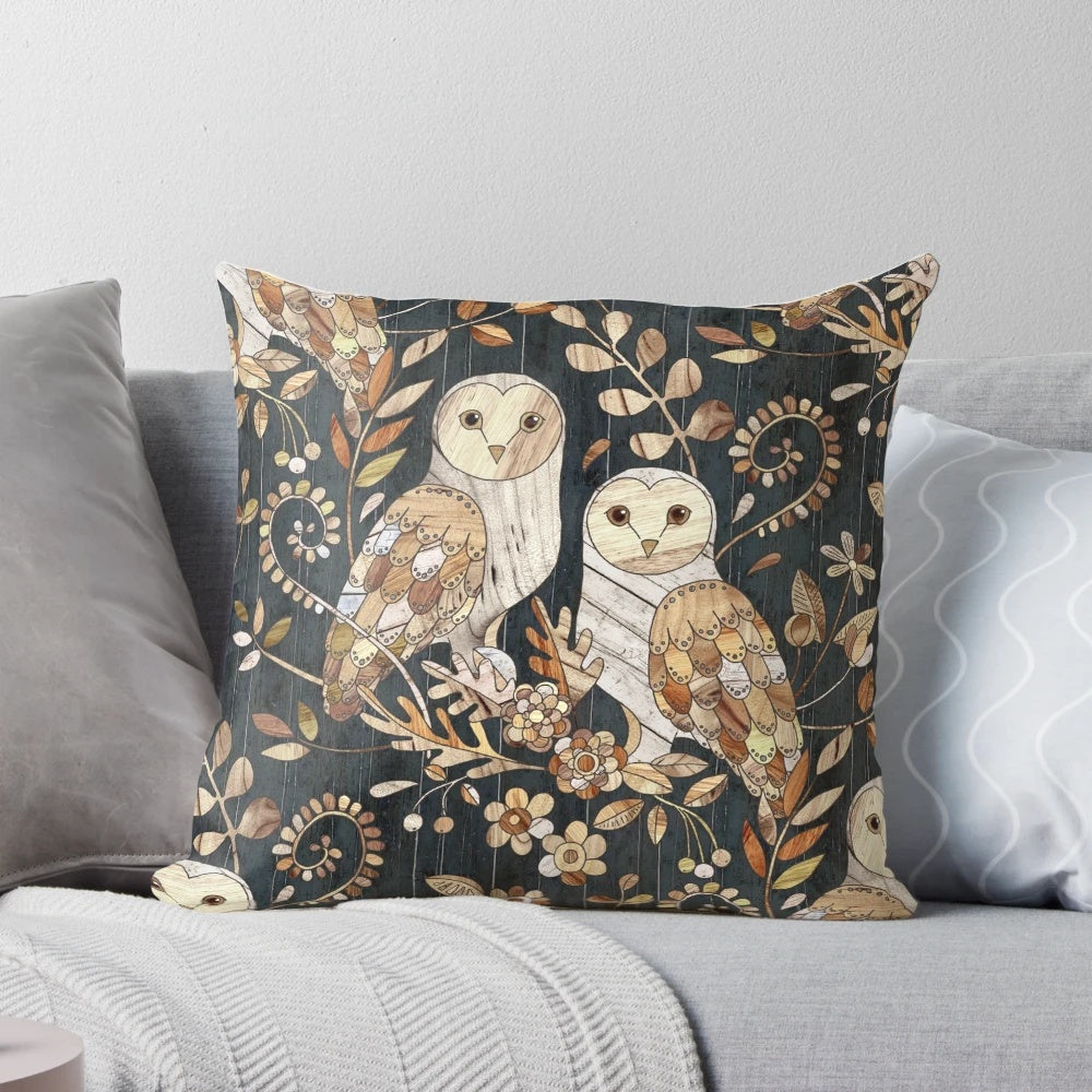 Rustic wooden pillow with a collage of barn owls in a nature-inspired design