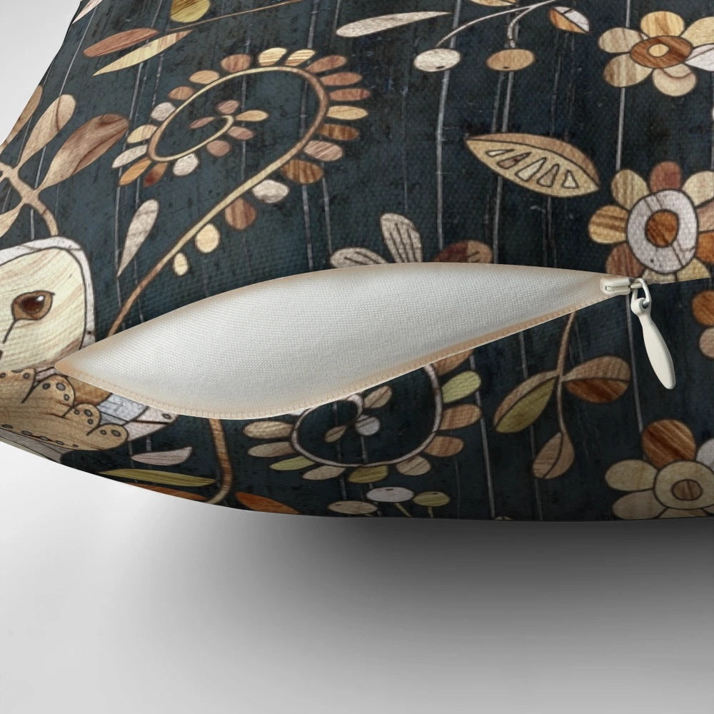 Rustic wooden pillow with a collage of barn owls in a nature-inspired design