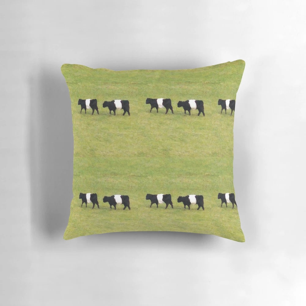Soft, plush pillow featuring a photographic image of a belted galloway cow, a breed of cattle known for its distinctive white belted pattern.