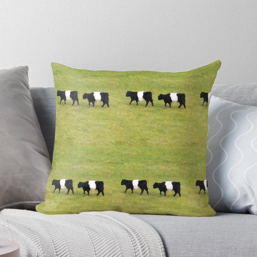 Soft, plush pillow featuring a photographic image of a belted galloway cow, a breed of cattle known for its distinctive white belted pattern.