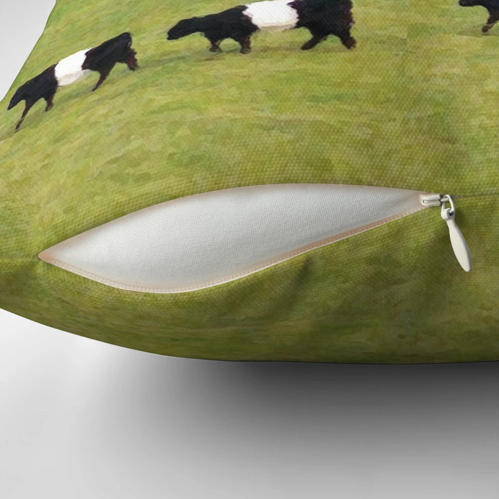 Soft, plush pillow featuring a photographic image of a belted galloway cow, a breed of cattle known for its distinctive white belted pattern.