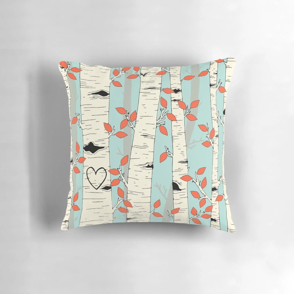 Decorative birch tree design pillow for a cozy, natural home