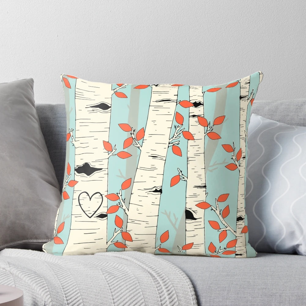 Decorative birch tree design pillow for a cozy, natural home