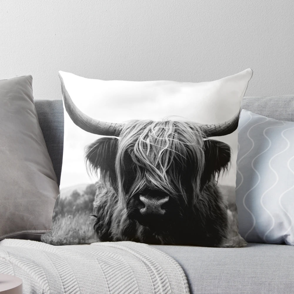 A black and white photograph of a Scottish Highland cattle in a natural, wilderness setting