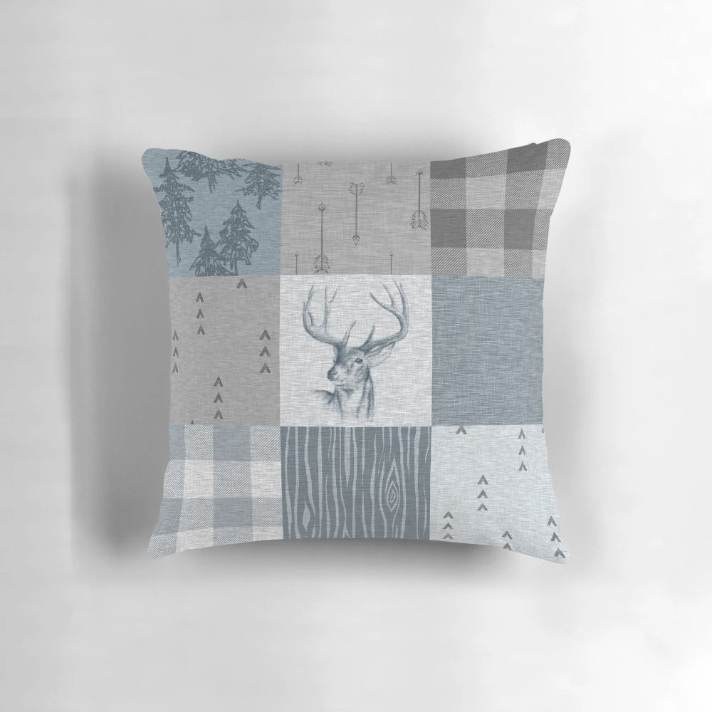 Rustic blue and grey deer patchwork design pillow