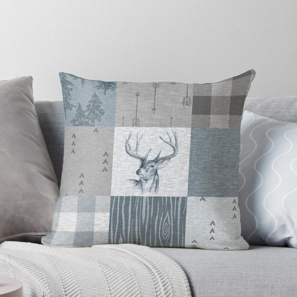 Rustic blue and grey deer patchwork design pillow