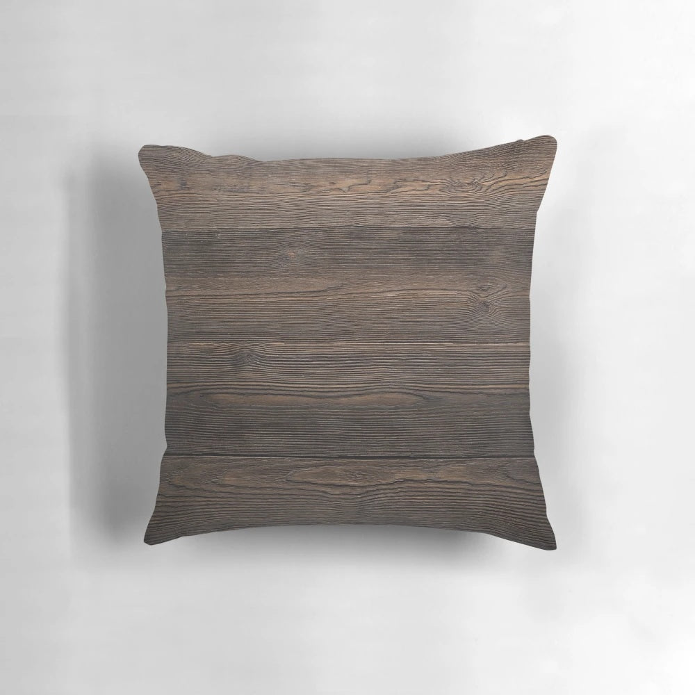Rustic brown wood grain decorative throw pillow with a weathered, vintage appearance