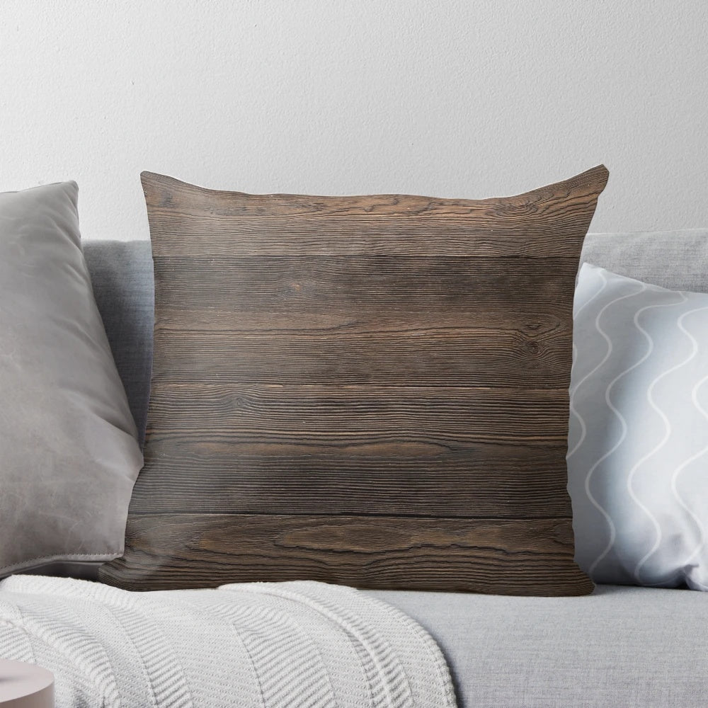 Rustic brown wood grain decorative throw pillow with a weathered, vintage appearance