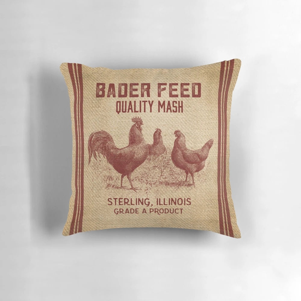 Burlap vintage-style chicken feed sack pillow for farmhouse home decor