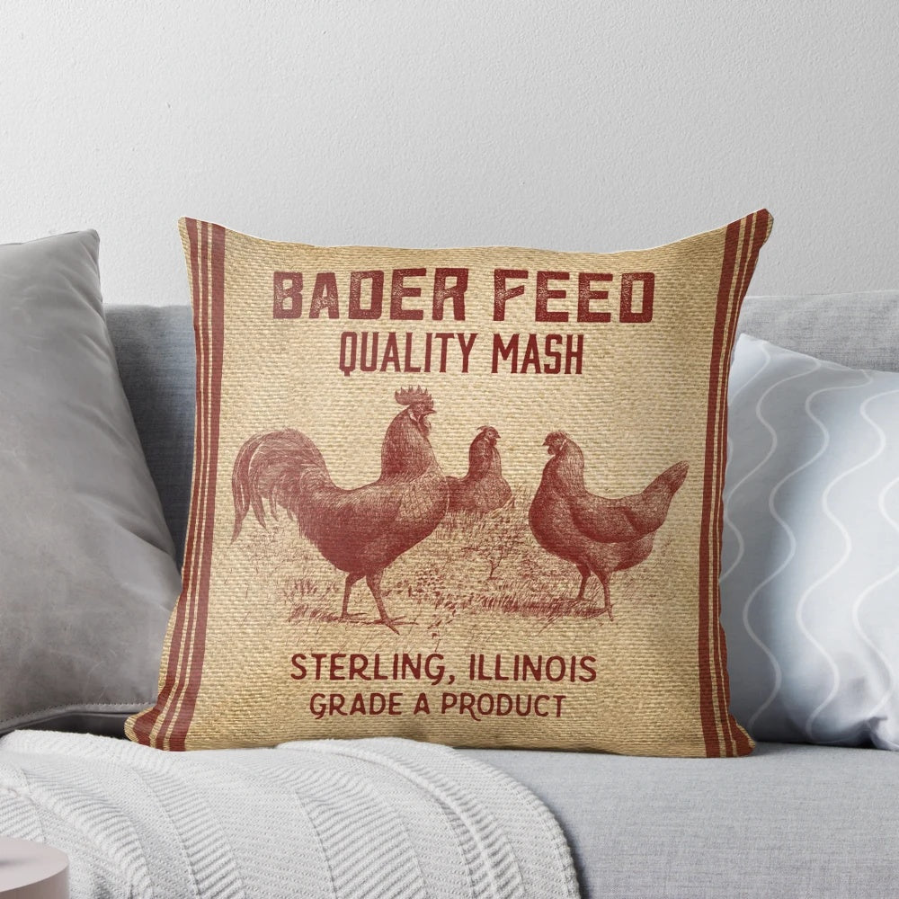Burlap vintage-style chicken feed sack pillow for farmhouse home decor