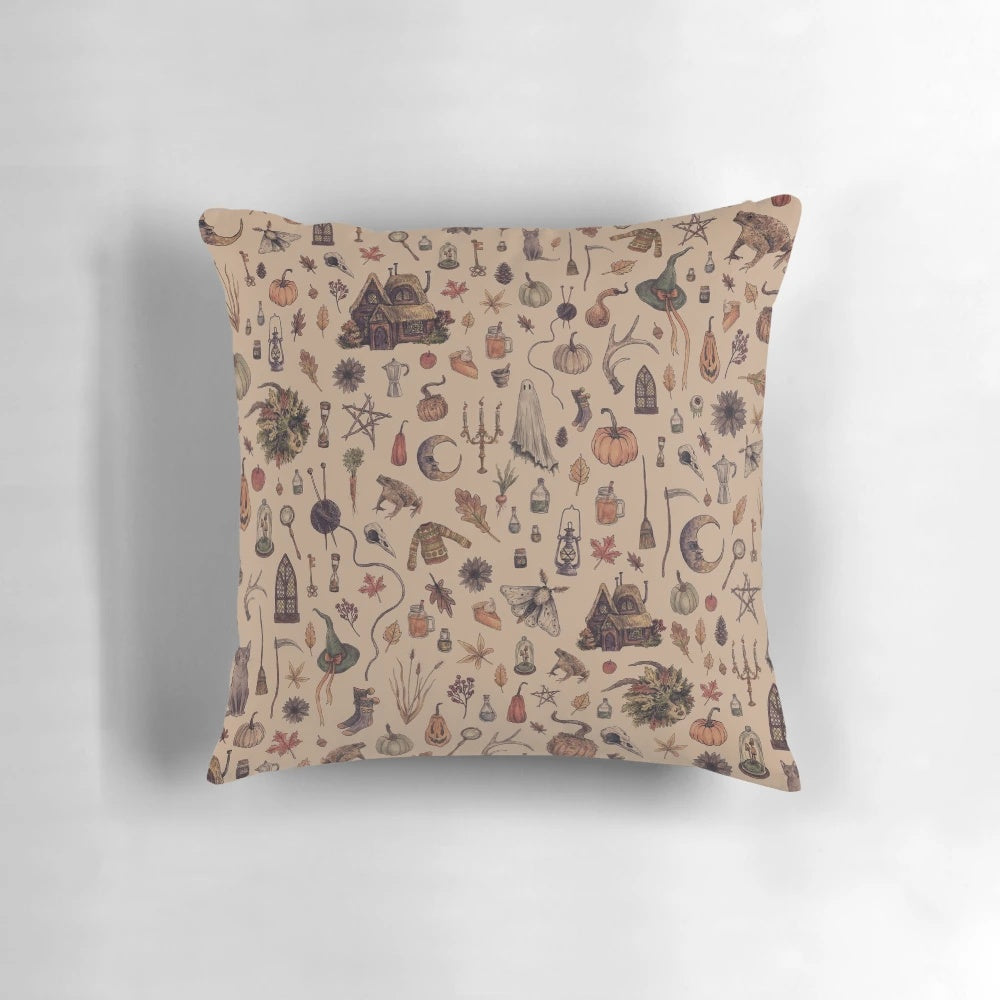 Rustic brown pillow with a crone or witch design, perfect for cozy, spooky, and nature-inspired autumn decor.